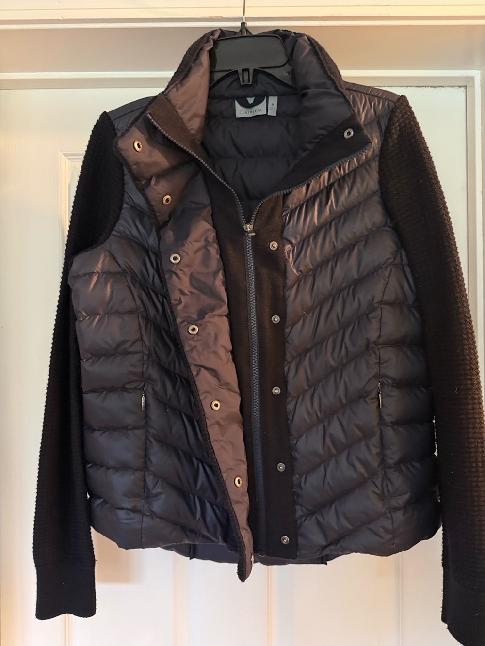 Athleta Responsible Down Waffle Knit Puffer Jacket Navy Blue Medium - Picture 6 of 10